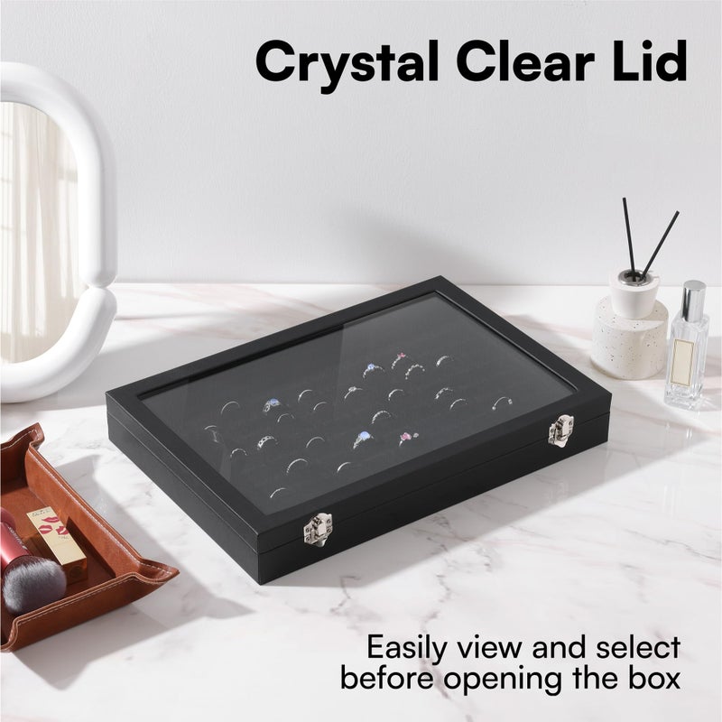 H&S HS Ring Display Box Case - Jewelry Storage Organizer with Glass Lid & Velvet Lining - Holder Tray Fits up to 100 Rings - Black - Image 3